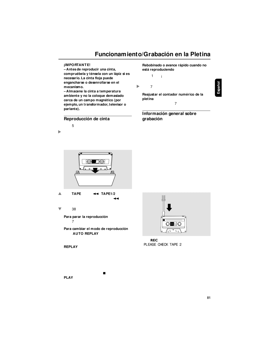 Philips FWD792 Funcionamiento/Grabación en la Pletina, Reproducción de cinta, Información general sobre grabación 