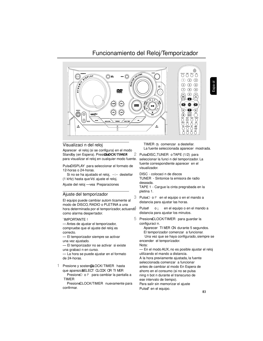 Philips FWD792 user manual Funcionamiento del Reloj/Temporizador, Visualización del reloj, Ajuste del temporizador 