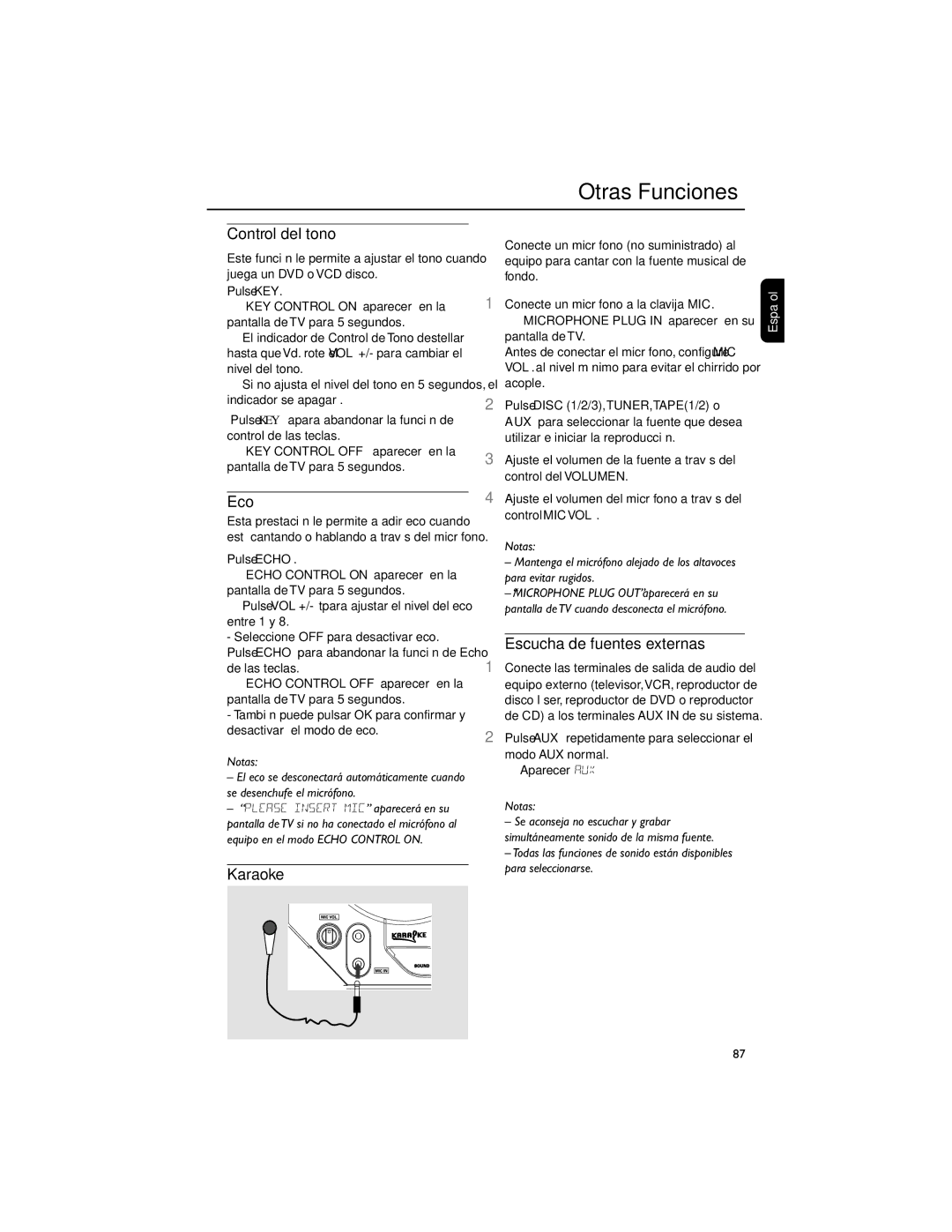 Philips FWD792 user manual Control del tono, Eco, Karaoke, Escucha de fuentes externas 