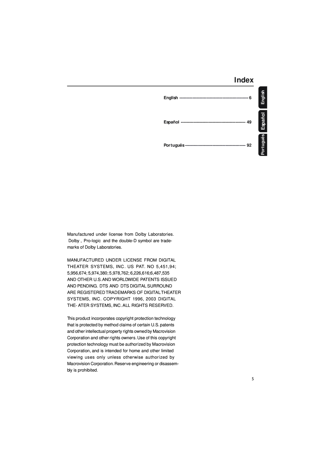 Philips FWD792 user manual Index, English, TuguêsrPo 