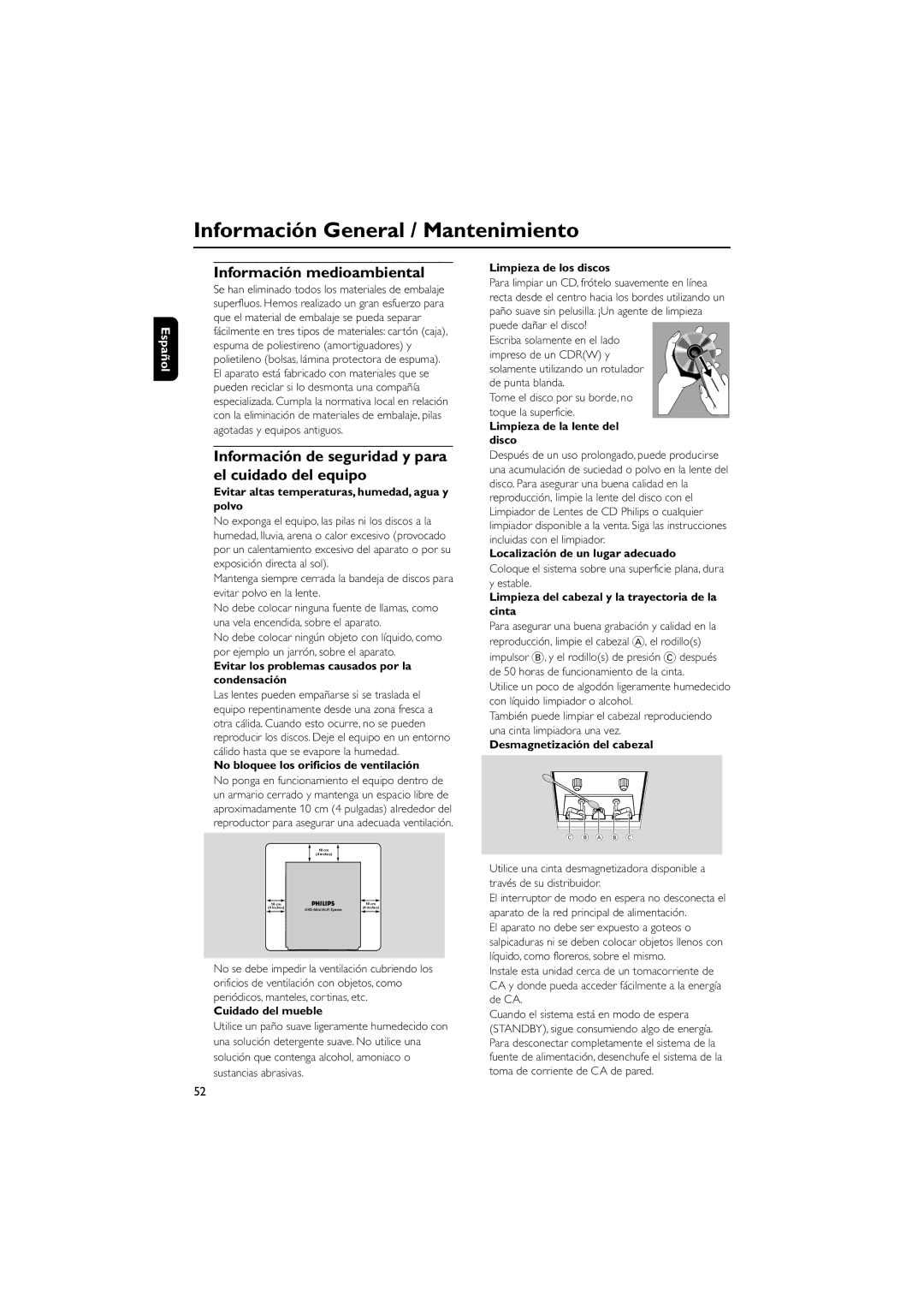 Philips FWD792 user manual Información General / Mantenimiento, Información medioambiental 