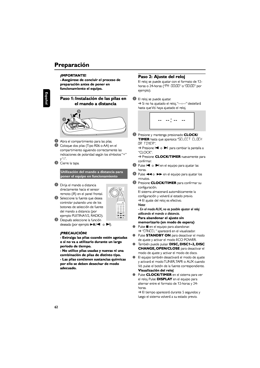 Philips FWD792 Preparación, Paso 2 Ajuste del reloj, Utilización del mando a distancia para, ¡Precaución, Español 