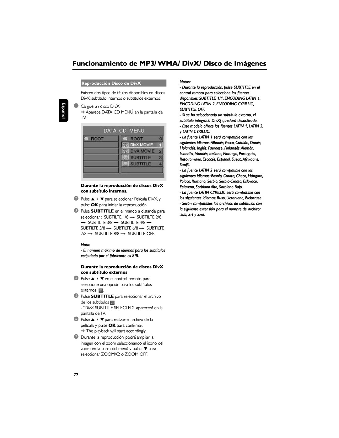 Philips FWD792 user manual Reproducción Disco de DivX, sub, .srt y .smi, Español, Notas 