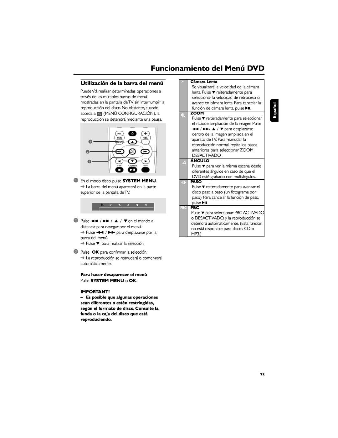 Philips FWD792 Funcionamiento del Menú DVD, Utilización de la barra del menú, Para hacer desaparecer el menú, Español 
