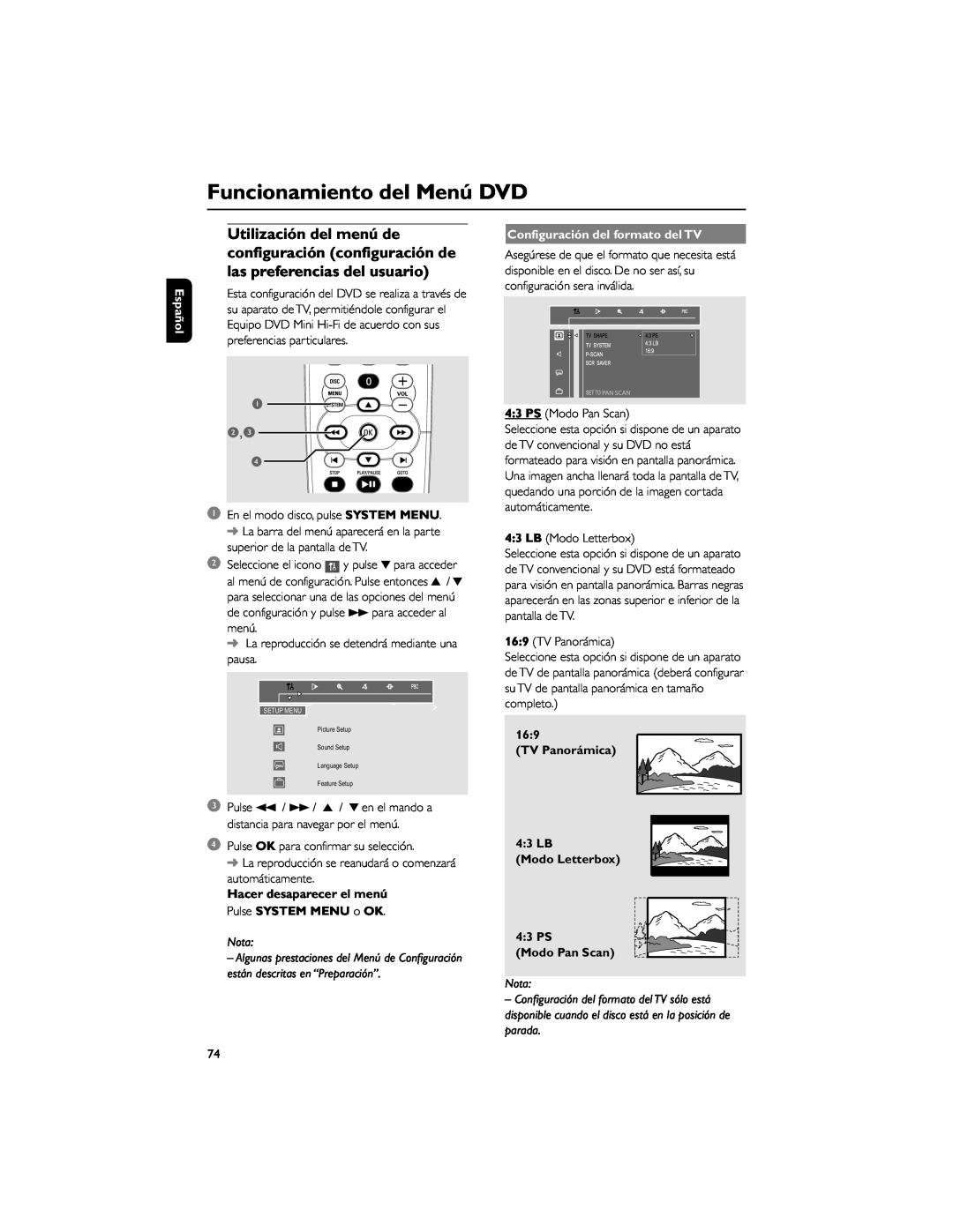 Philips FWD792 Hacer desaparecer el menú Pulse SYSTEM MENU o OK, Configuración del formato del TV, Modo Pan Scan, Español 