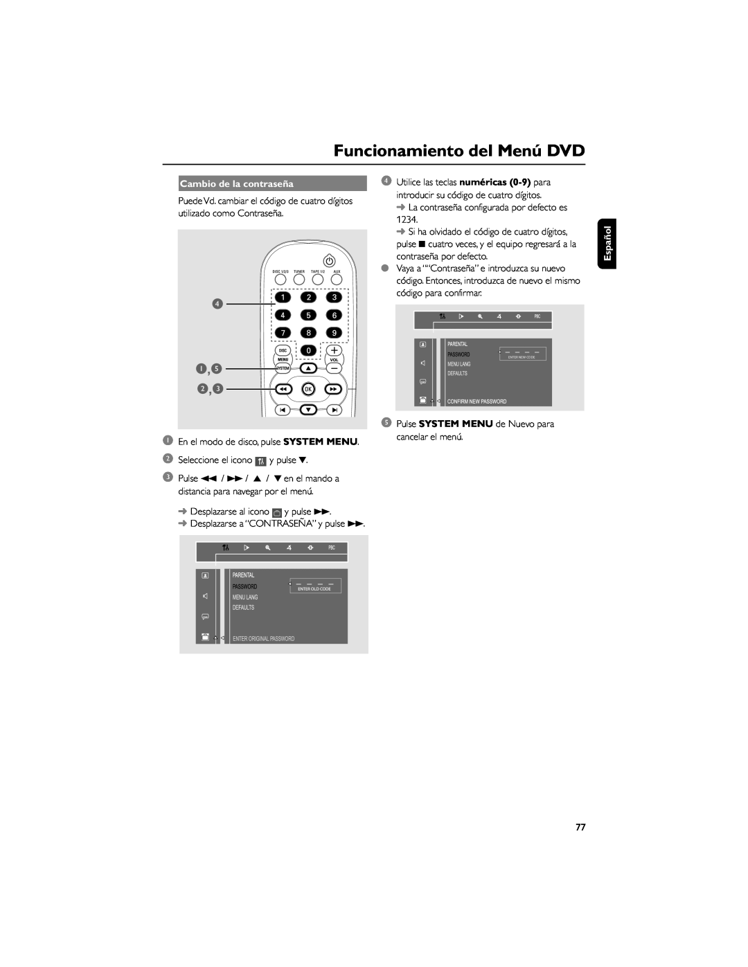 Philips FWD792 user manual Cambio de la contraseña, Funcionamiento del Menú DVD, Español 