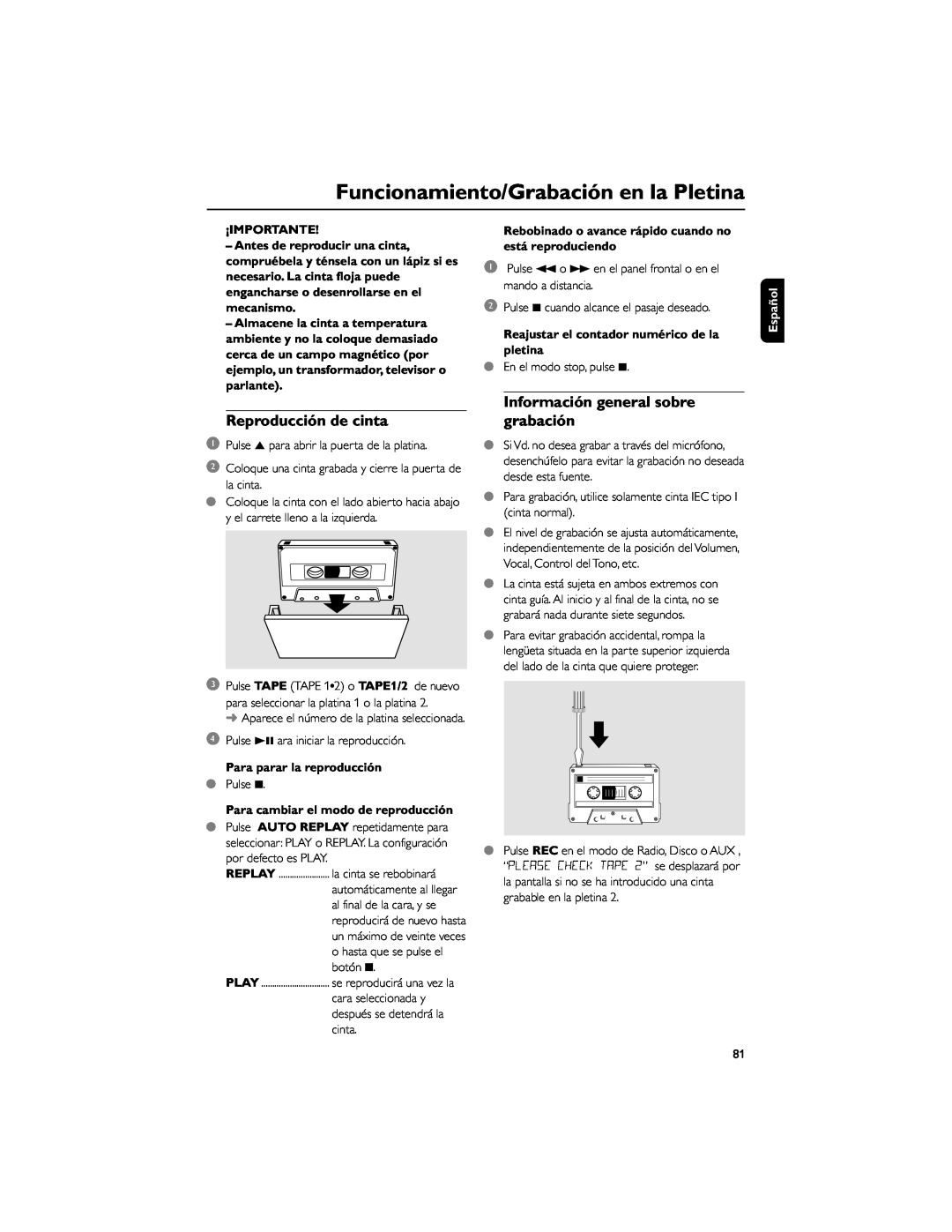 Philips FWD792 Funcionamiento/Grabación en la Pletina, Reproducción de cinta, Información general sobre grabación, Español 