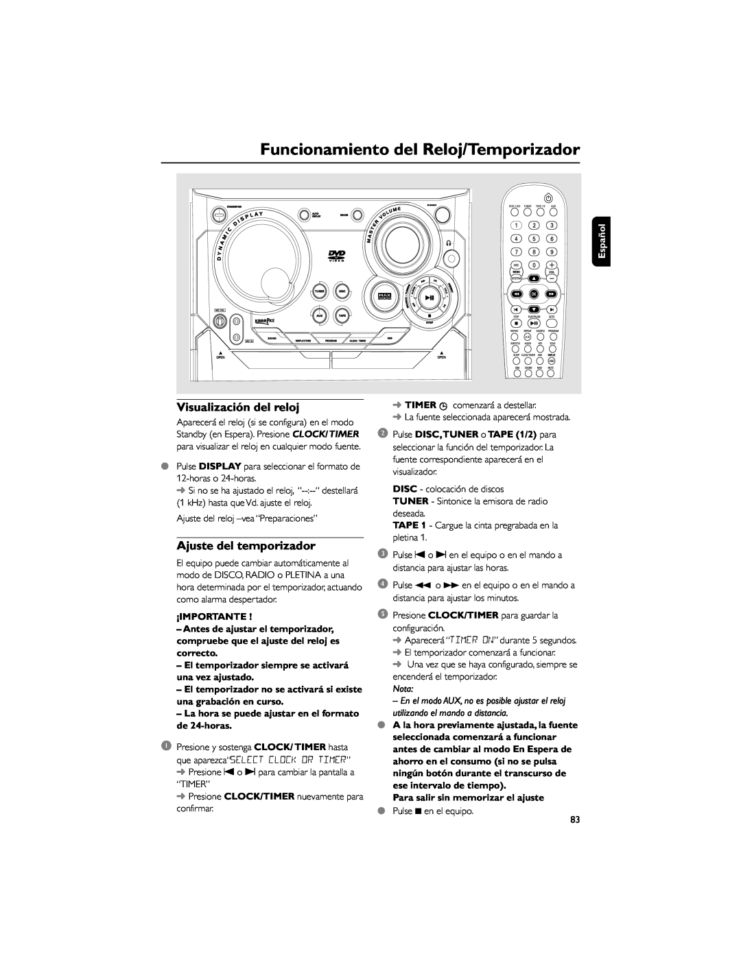Philips FWD792 Funcionamiento del Reloj/Temporizador, Visualización del reloj, Ajuste del temporizador, Español, Nota 