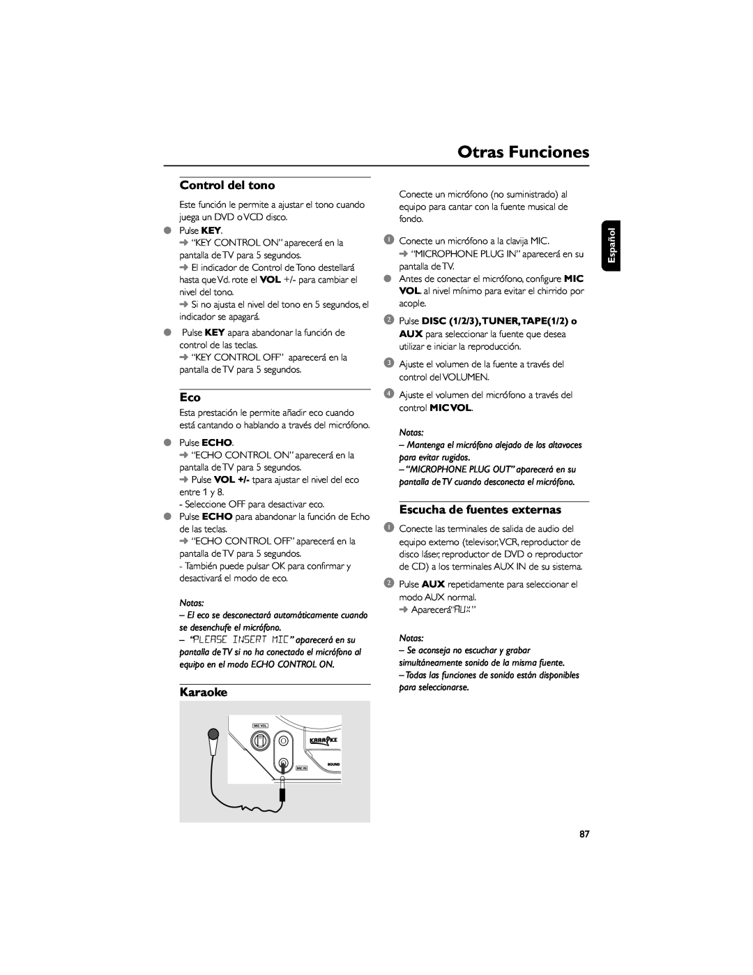 Philips FWD792 user manual Control del tono, Karaoke, Escucha de fuentes externas, Otras Funciones, Notas, Español 