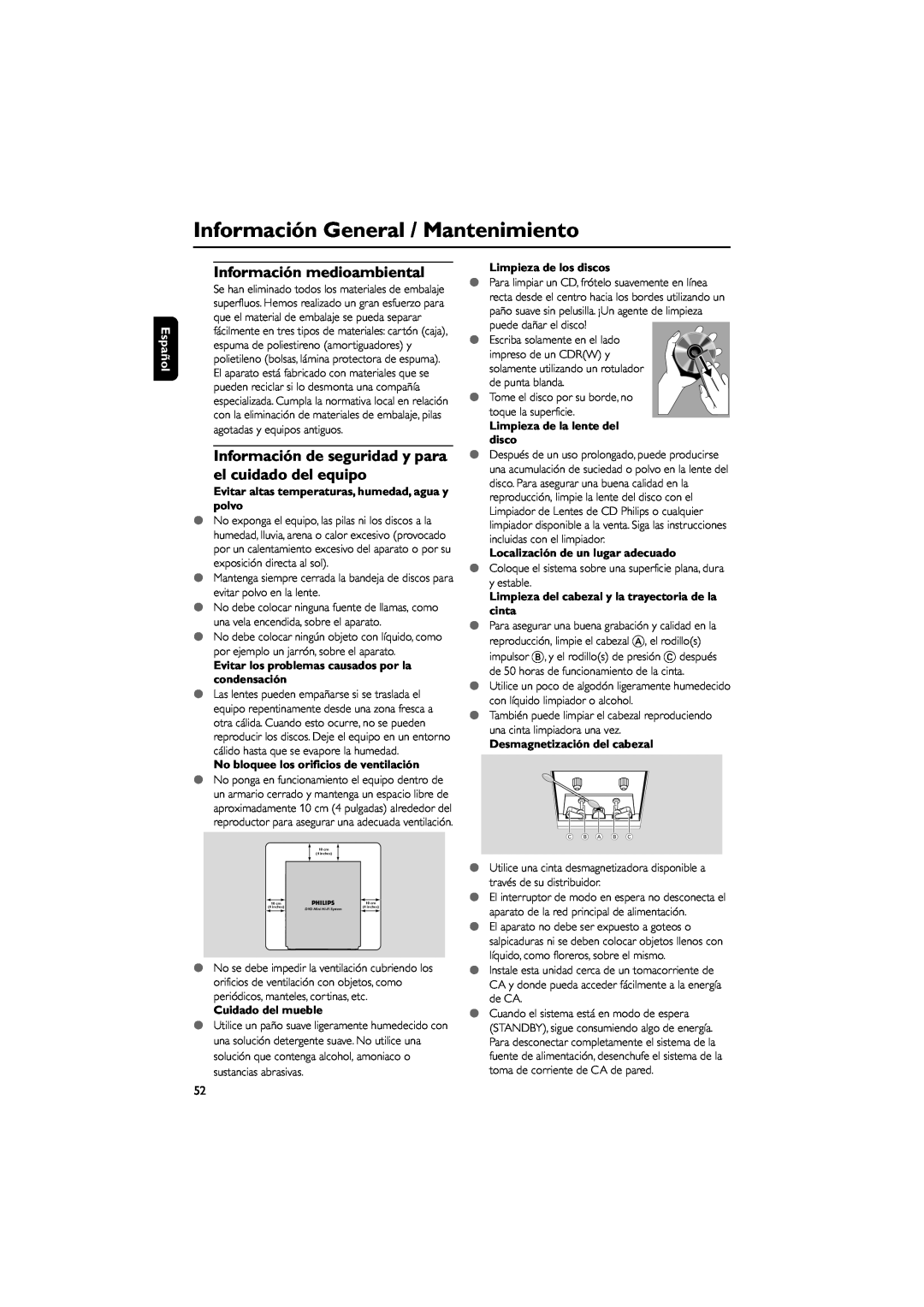 Philips FWD792 user manual Información General / Mantenimiento, Información medioambiental, Español, Cuidado del mueble 