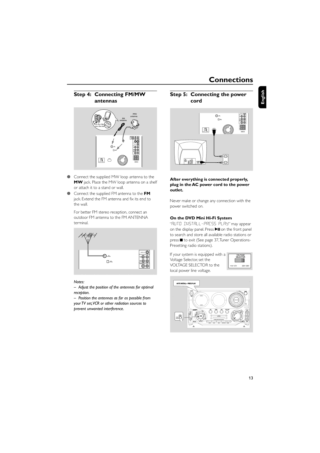 Philips FWD796/21 Connecting FM/MW Connecting the power Antennas Cord, On the DVD Mini Hi-Fi System, Voltage Selector, set 