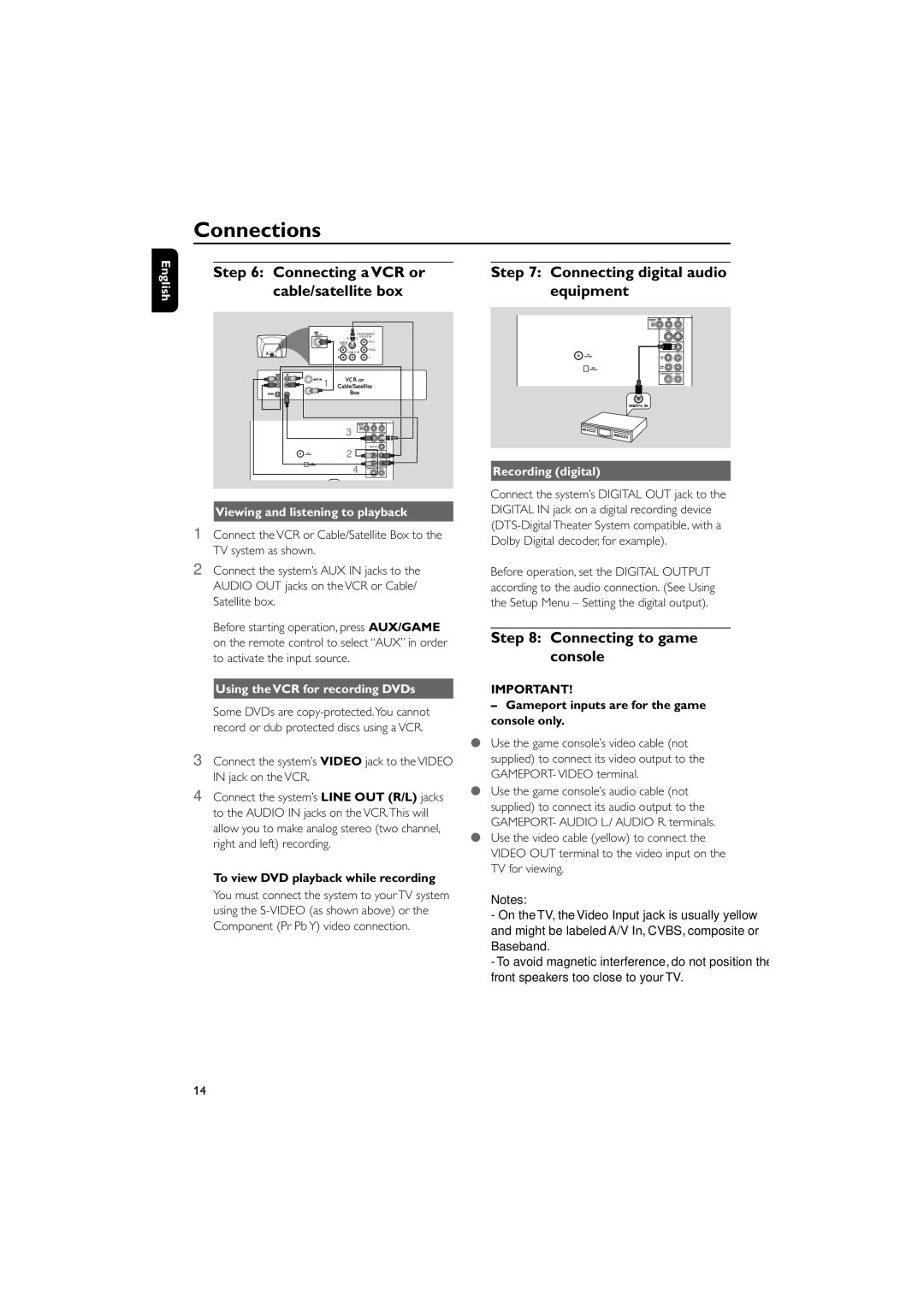 Philips FWD796/21 manual Connecting a VCR or, Cable/satellite box Equipment, Connecting to game console 