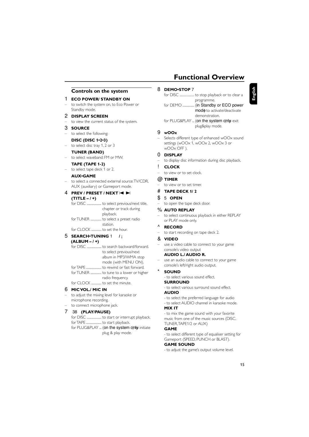 Philips FWD796/21 manual Functional Overview, Controls on the system 