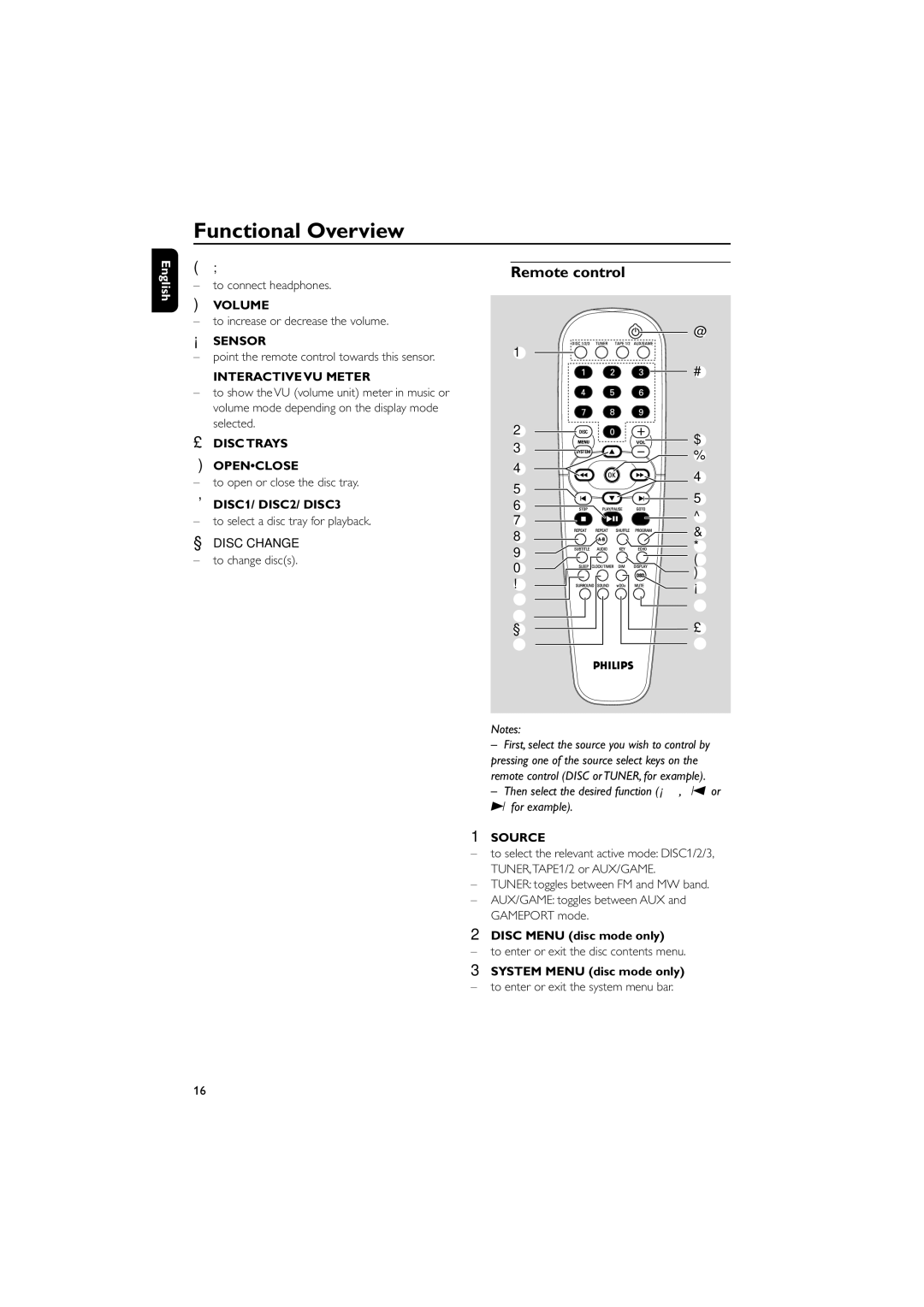 Philips FWD796/21 manual Remote control, Disc Menu disc mode only, System Menu disc mode only 