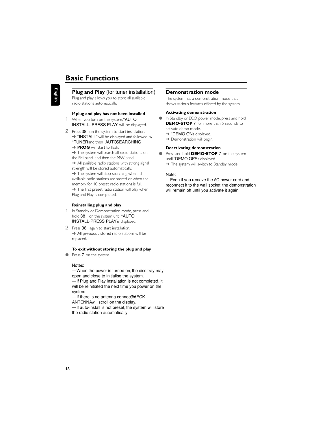 Philips FWD796/21 manual Basic Functions, Demonstration mode 