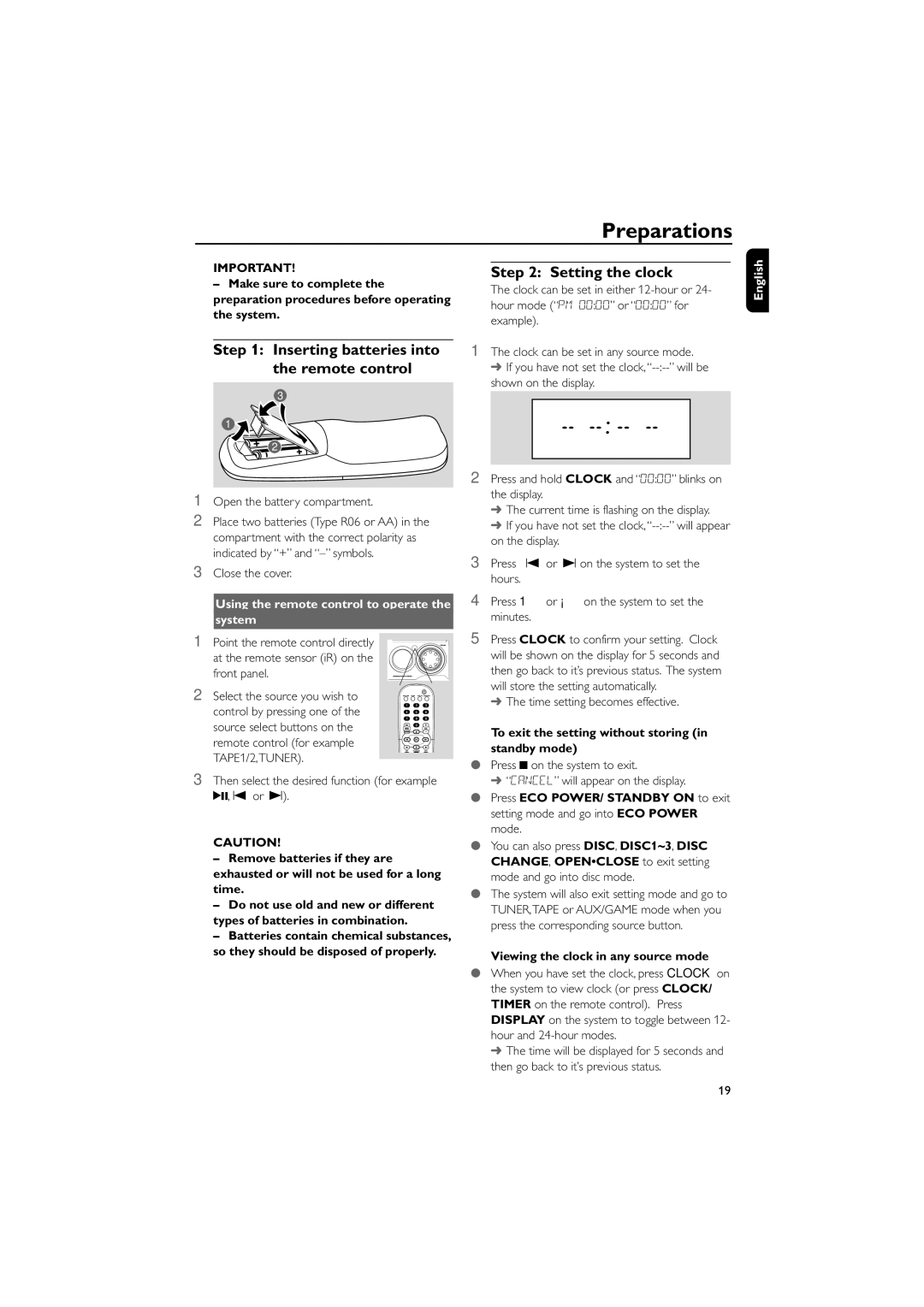 Philips FWD796/21 manual Preparations, Inserting batteries into the remote control, Setting the clock 