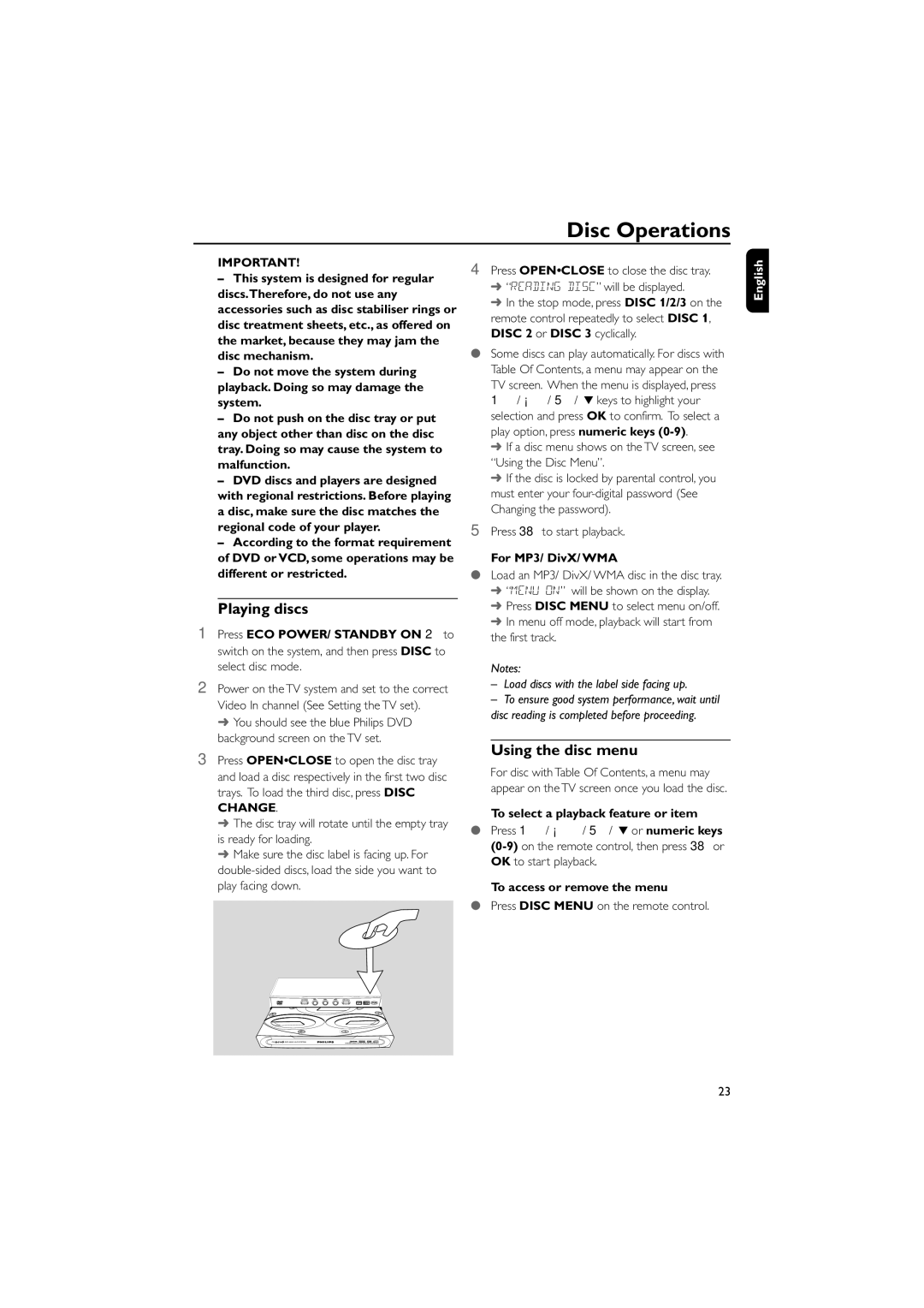 Philips FWD796/21 manual Disc Operations, Playing discs, Using the disc menu, For MP3/ DivX/ WMA 