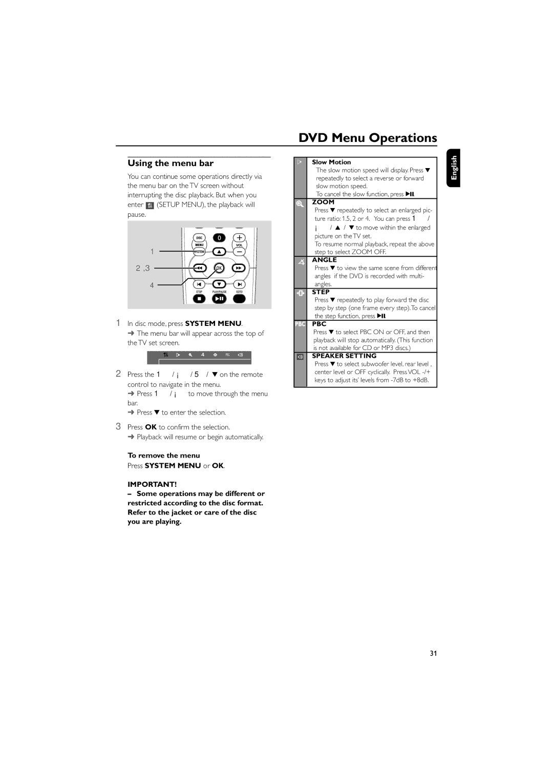 Philips FWD796/21 manual DVD Menu Operations, Using the menu bar 