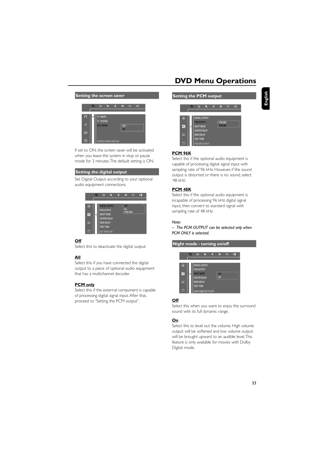 Philips FWD796/21 manual Setting the screen saver, Setting the digital output, Night mode turning on/off 