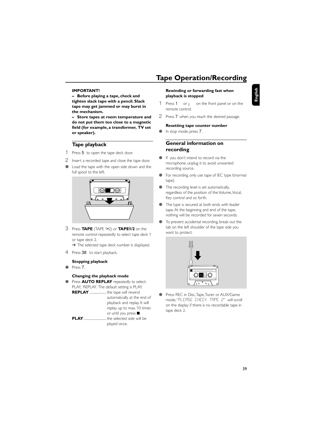 Philips FWD796/21 manual Tape Operation/Recording, Tape playback, General information on recording 