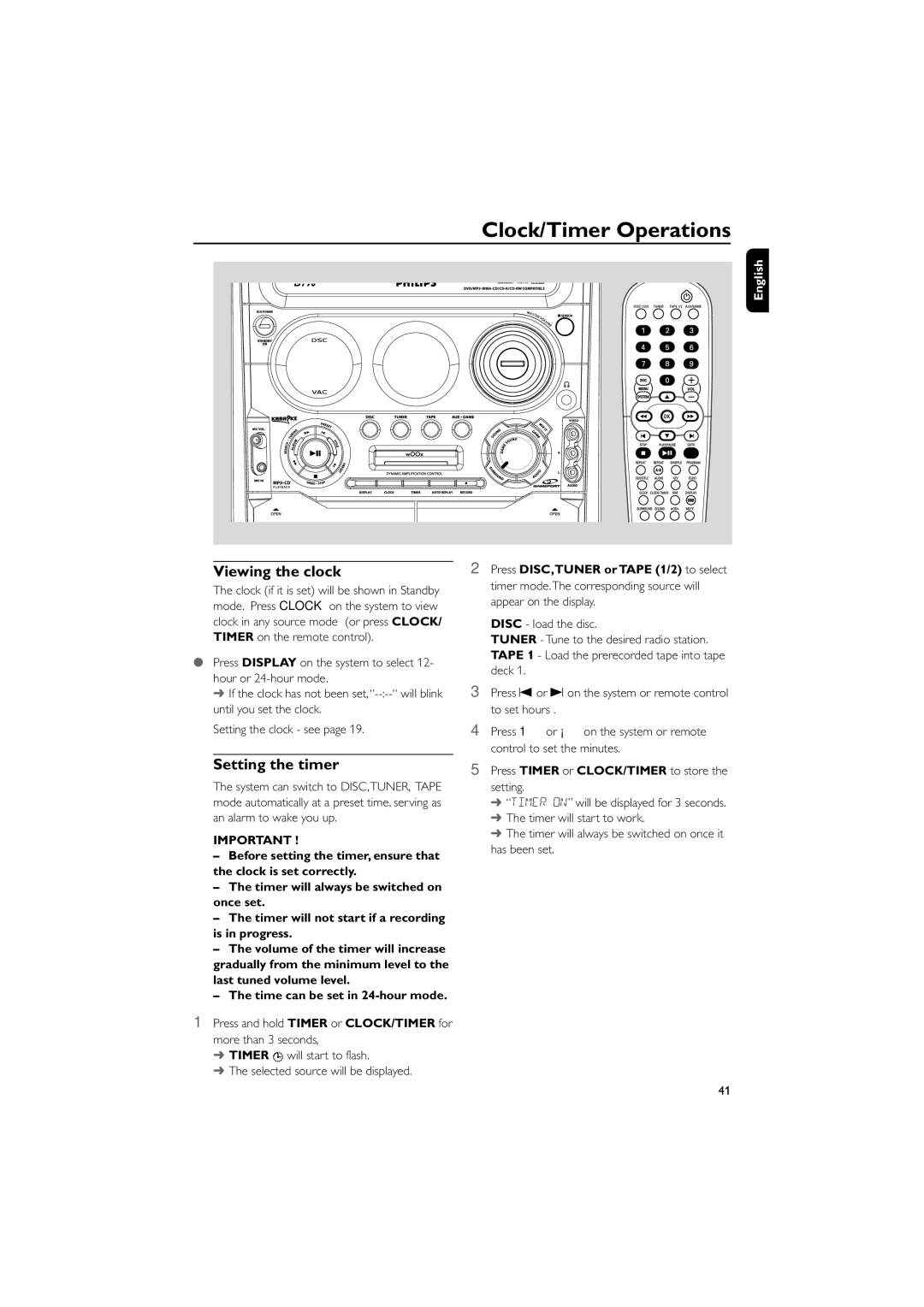 Philips FWD796/21 manual Clock/Timer Operations, Viewing the clock, Setting the timer, Time can be set in 24-hour mode 