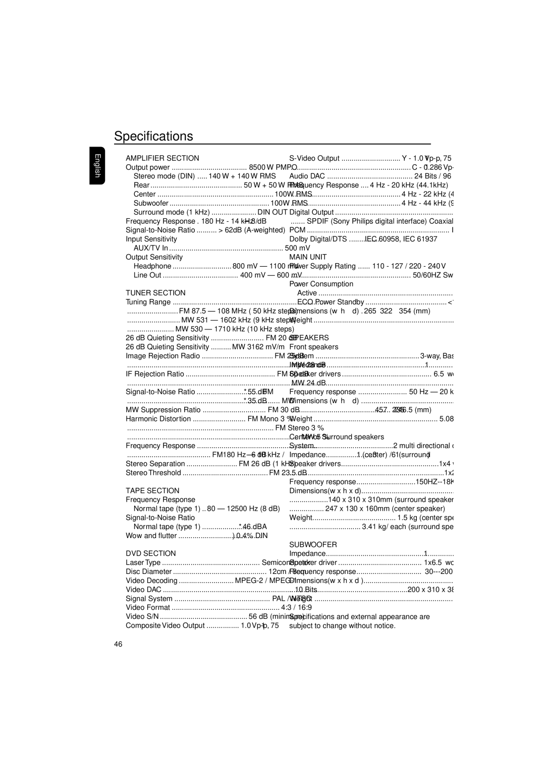 Philips FWD796/21 manual Specifications 