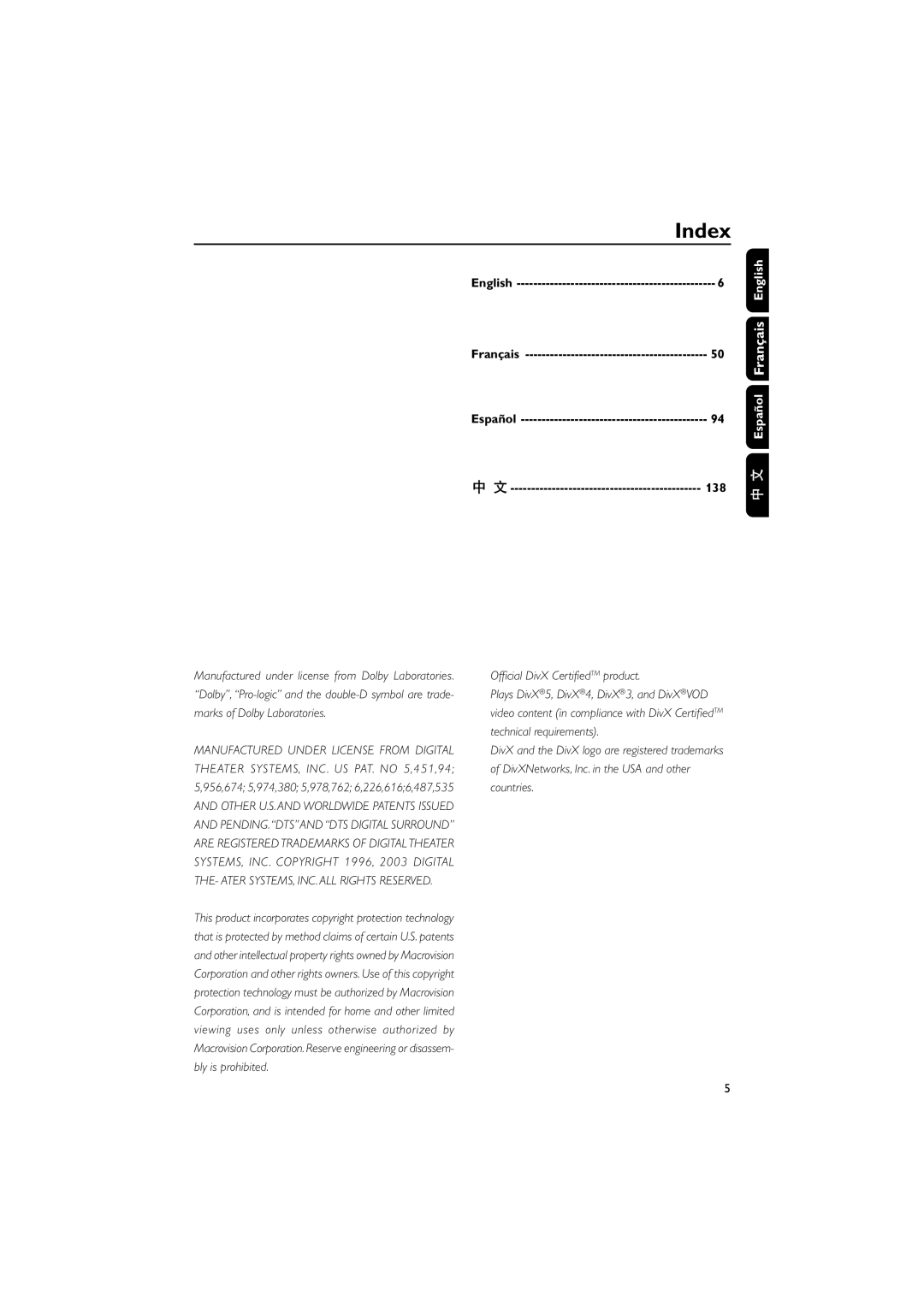 Philips FWD796/21 manual Index, Español 138, English 