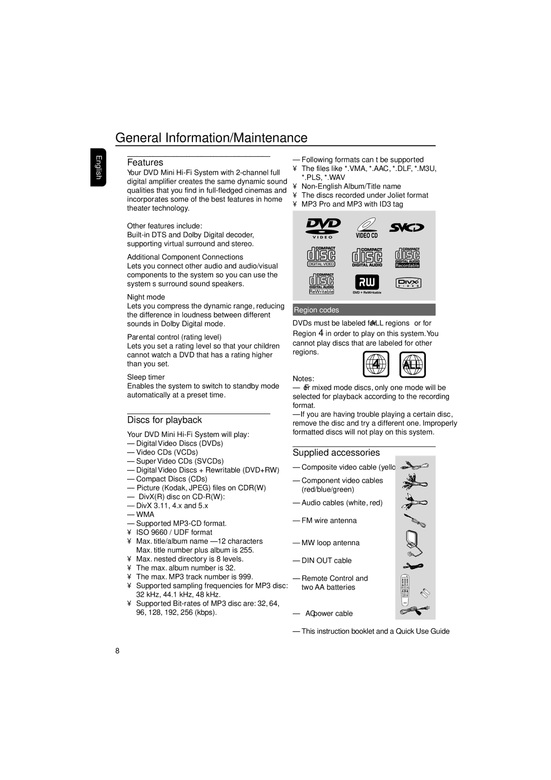 Philips FWD796/21 manual General Information/Maintenance, Features, Discs for playback, Supplied accessories, Region codes 