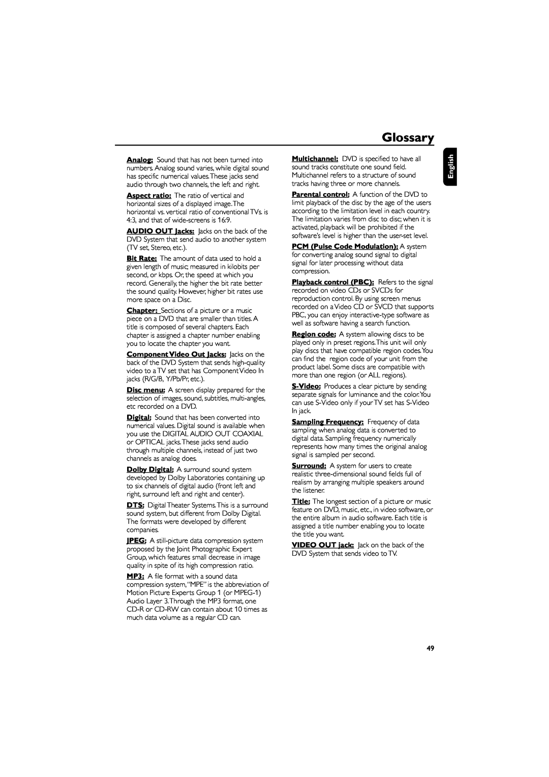 Philips FWD796/21 manual Glossary, English 