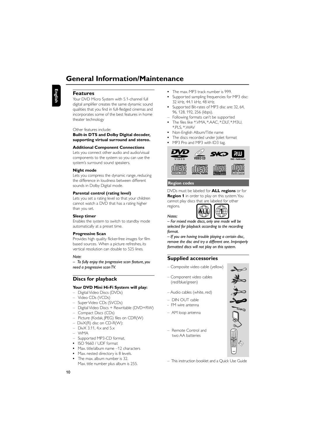 Philips FWD798/37B General Information/Maintenance, Features, Discs for playback, Supplied accessories, Region codes 