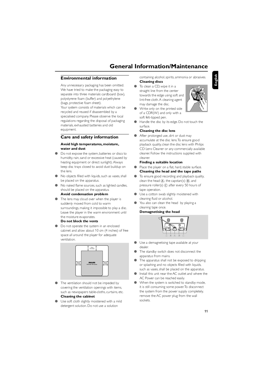 Philips FWD798/37B owner manual Environmental information, Care and safety information 