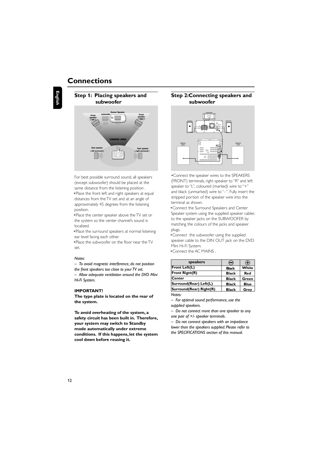 Philips FWD798/37B owner manual Connections, Placing speakers Connecting speakers Subwoofer 