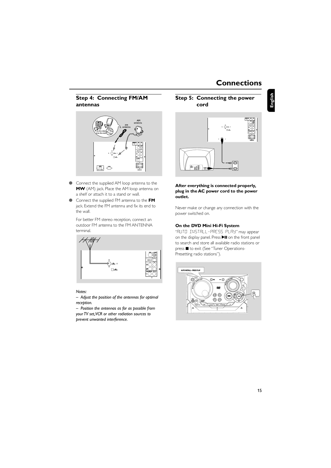 Philips FWD798/37B owner manual Connecting FM/AM Connecting the power Antennas Cord, On the DVD Mini Hi-Fi System 