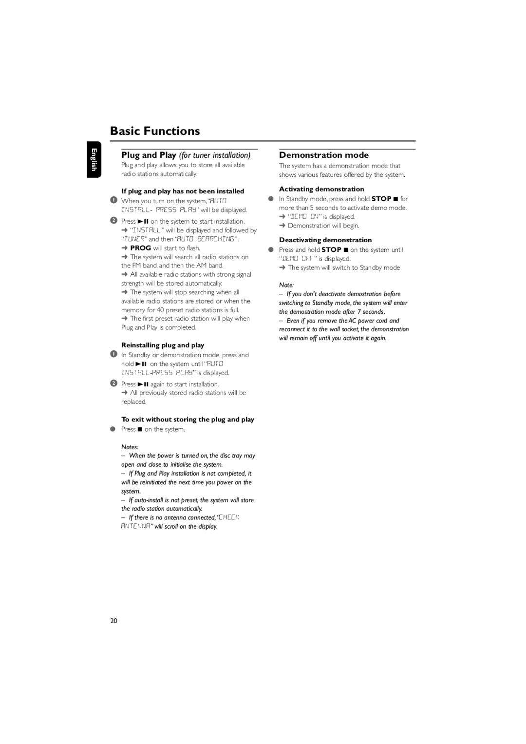 Philips FWD798/37B owner manual Basic Functions, Demonstration mode 