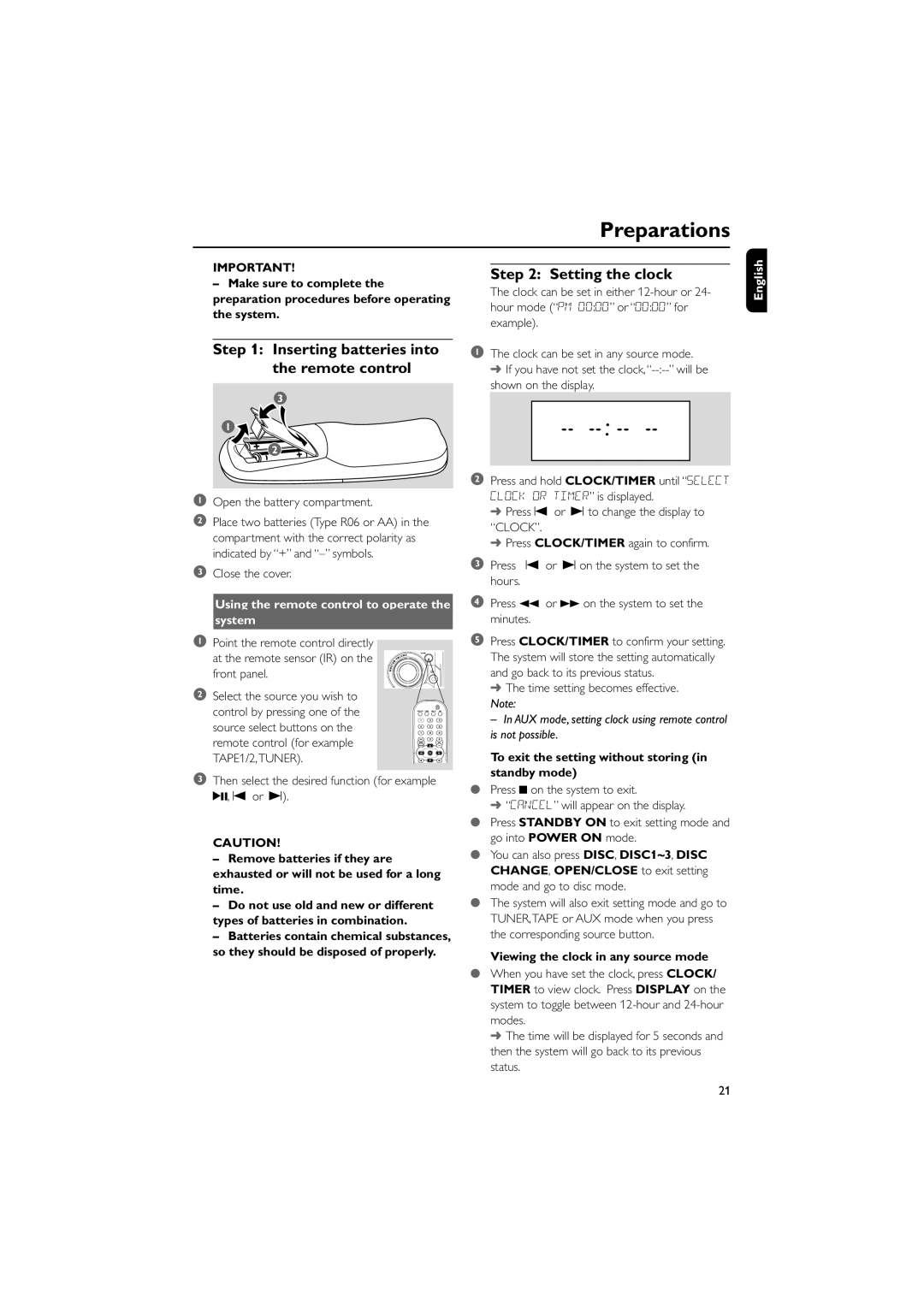 Philips FWD798/37B owner manual Preparations, Inserting batteries into the remote control, Setting the clock 