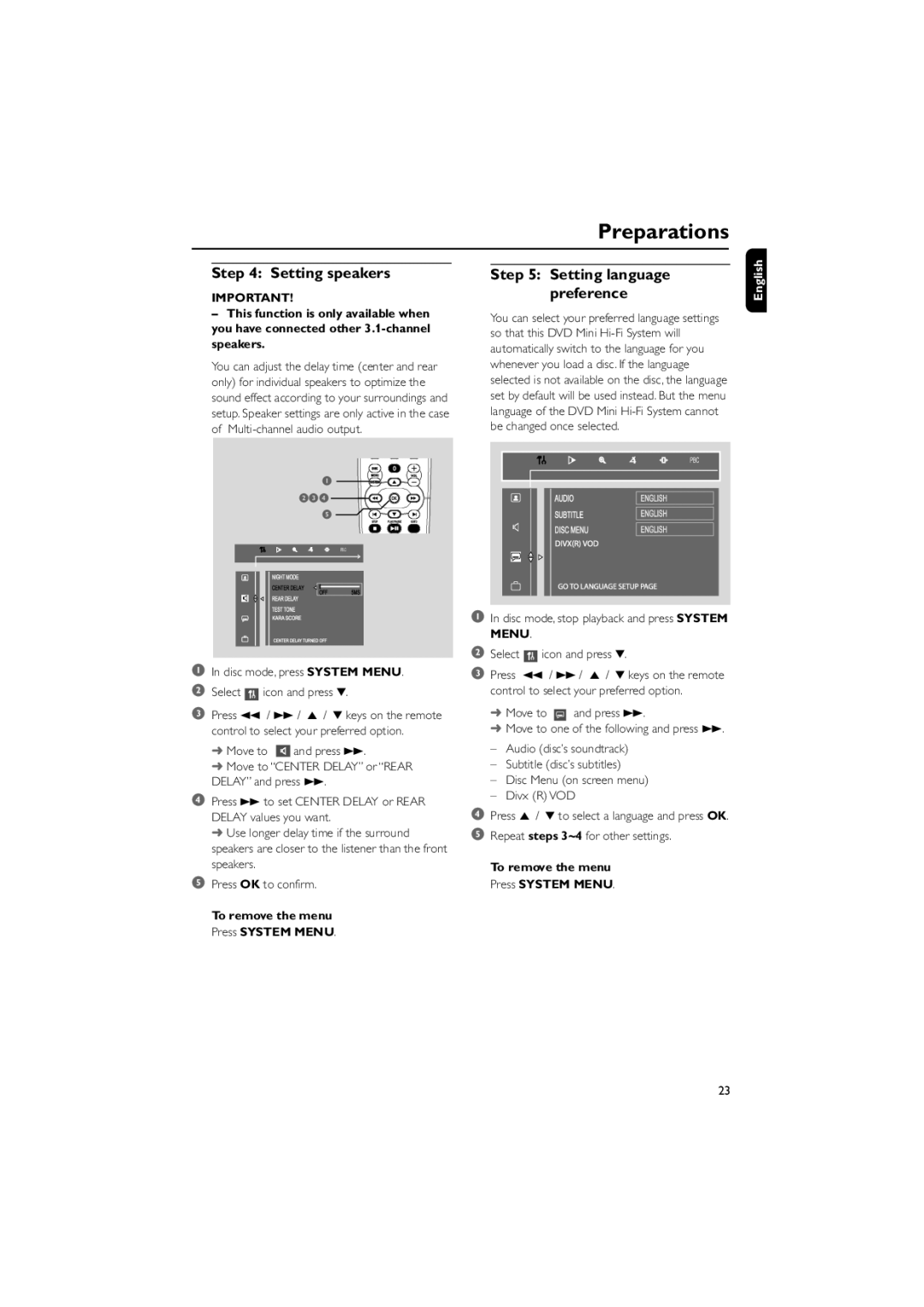 Philips FWD798/37B owner manual Setting speakers, Setting language preference 