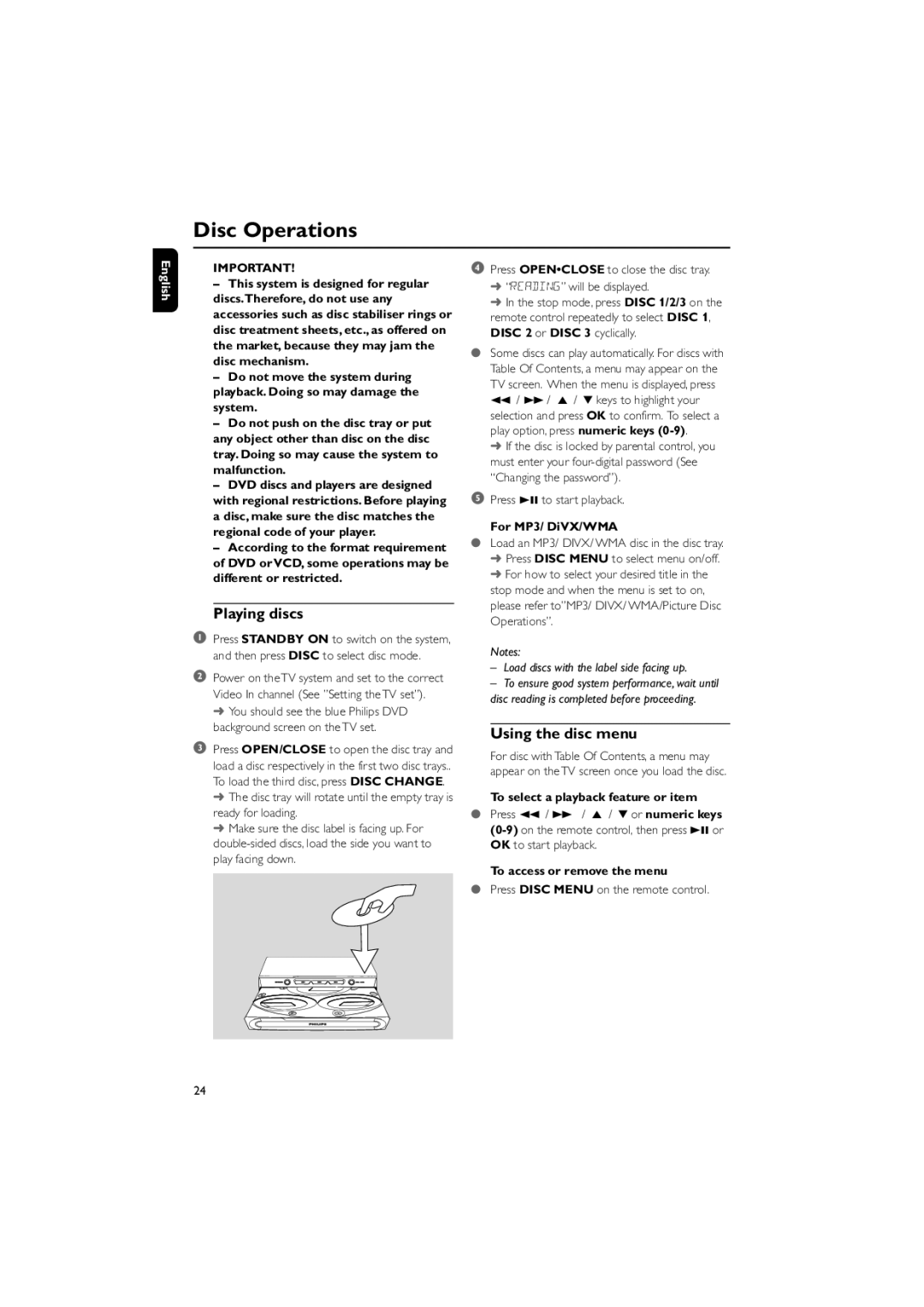 Philips FWD798/37B owner manual Disc Operations, Playing discs, Using the disc menu, For MP3/ DiVX/WMA 