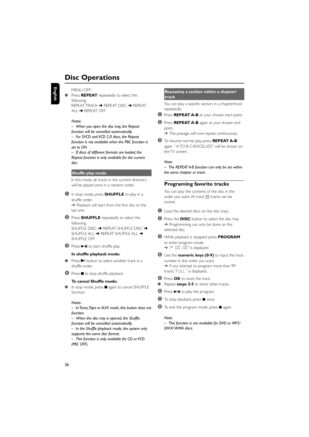 Philips FWD798/37B owner manual Repeating a section within a chapter Track, Shuffle play mode, Shuffle playback mode 