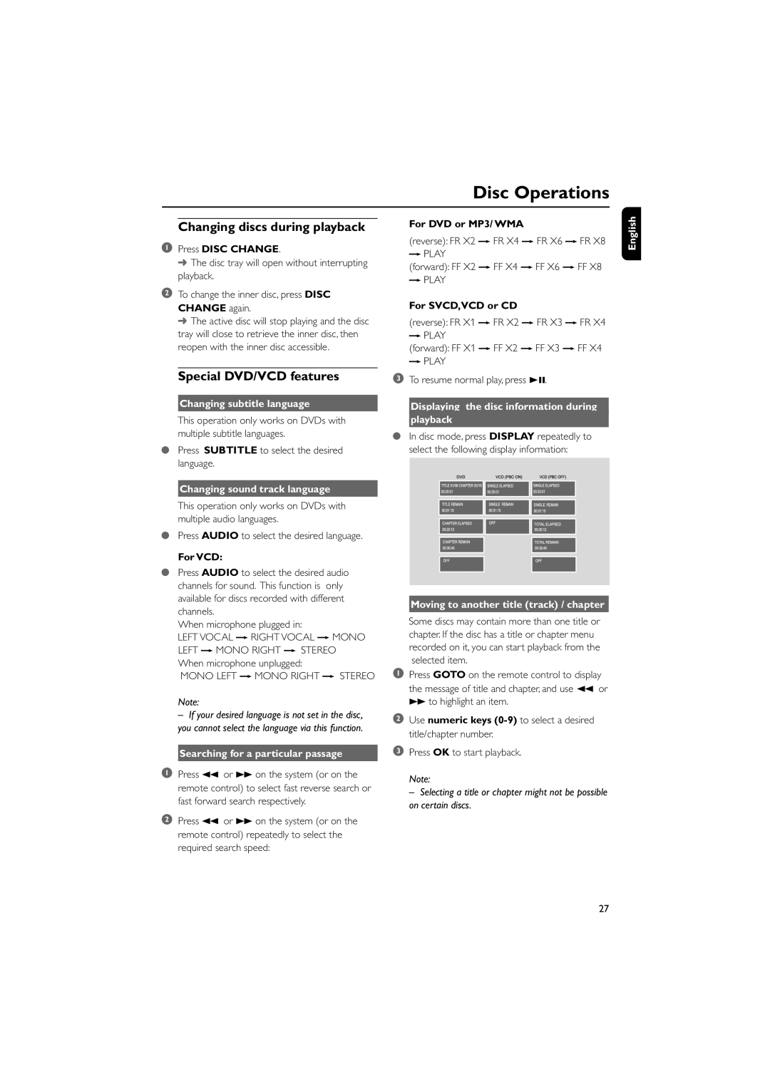 Philips FWD798/37B owner manual Changing discs during playback, Special DVD/VCD features 