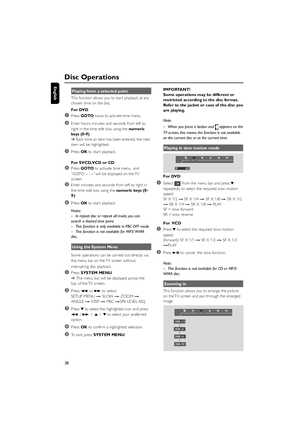 Philips FWD798/37B owner manual English Playing from a selected point, Using the System Menu, Press System Menu, Zooming 