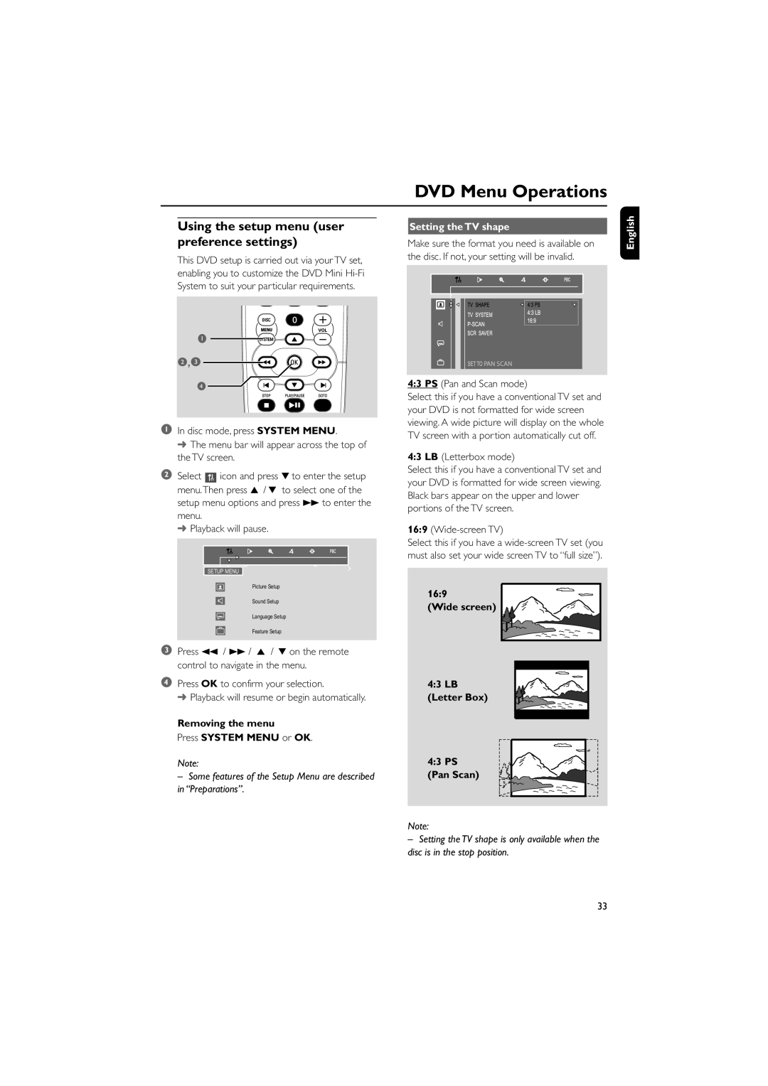 Philips FWD798/37B Using the setup menu user preference settings, Removing the menu Press System Menu or OK, 169 