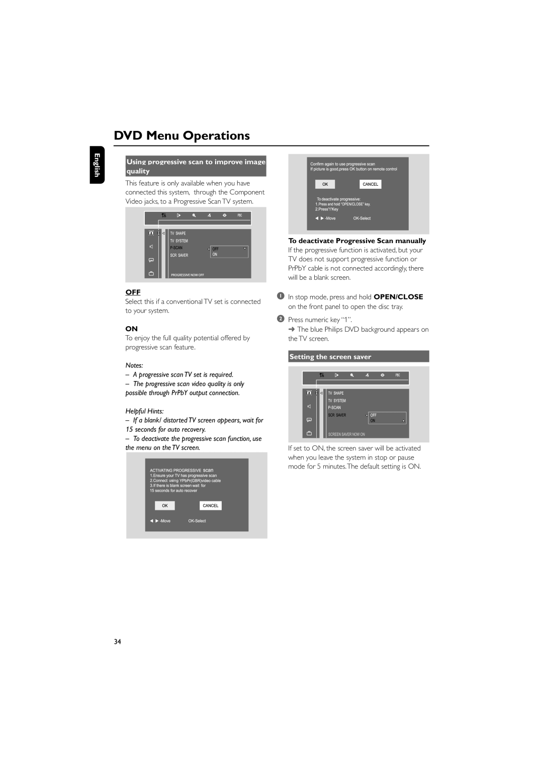 Philips FWD798/37B owner manual Quality, To deactivate Progressive Scan manually, Setting the screen saver 