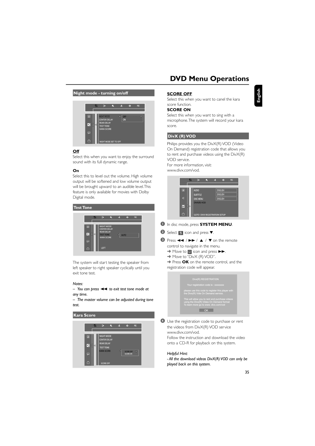 Philips FWD798/37B owner manual Night mode turning on/off, Off, Test Tone, DivX R VOD, English Kara Score 