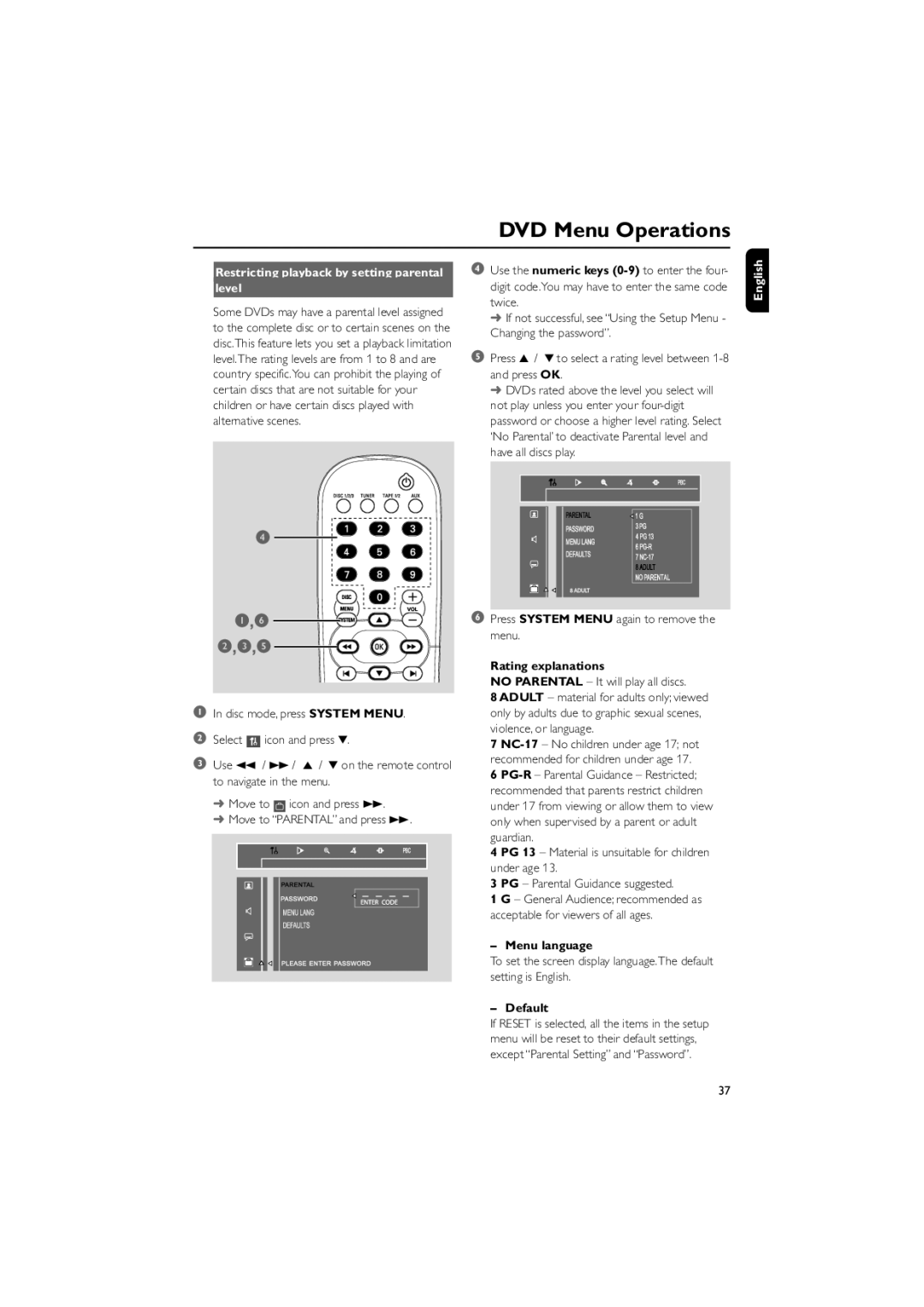 Philips FWD798/37B owner manual Restricting playback by setting parental Level, Rating explanations, Menu language, Default 