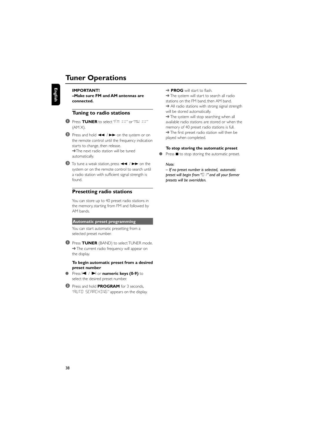 Philips FWD798/37B Tuner Operations, Tuning to radio stations, Presetting radio stations, Automatic preset programming 