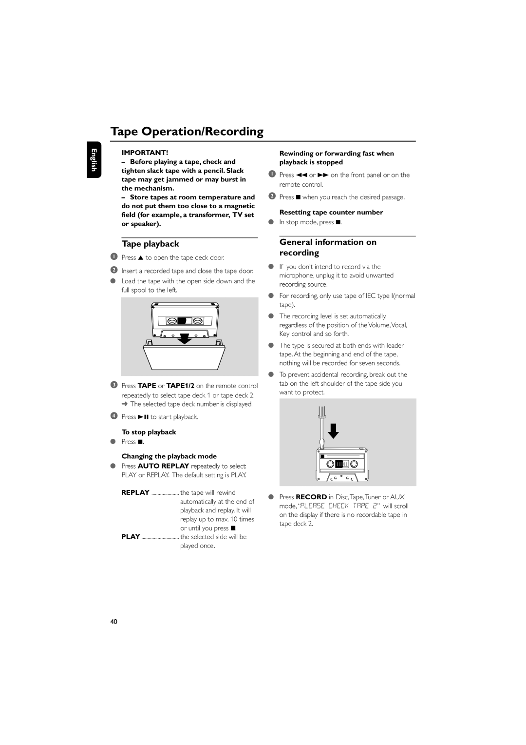 Philips FWD798/37B Tape Operation/Recording, Tape playback, General information on recording, Changing the playback mode 