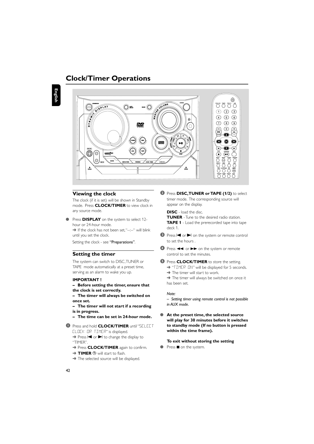 Philips FWD798/37B Clock/Timer Operations, Viewing the clock, Setting the timer, To exit without storing the setting 