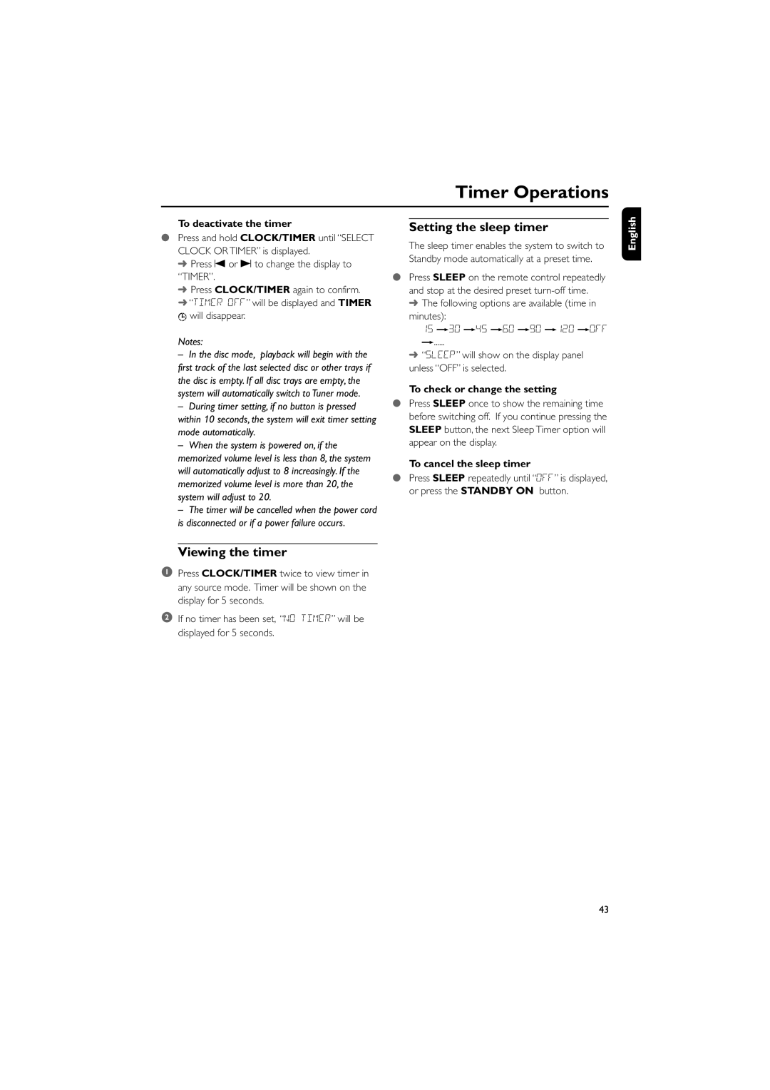 Philips FWD798/37B owner manual Timer Operations, Setting the sleep timer, Viewing the timer 