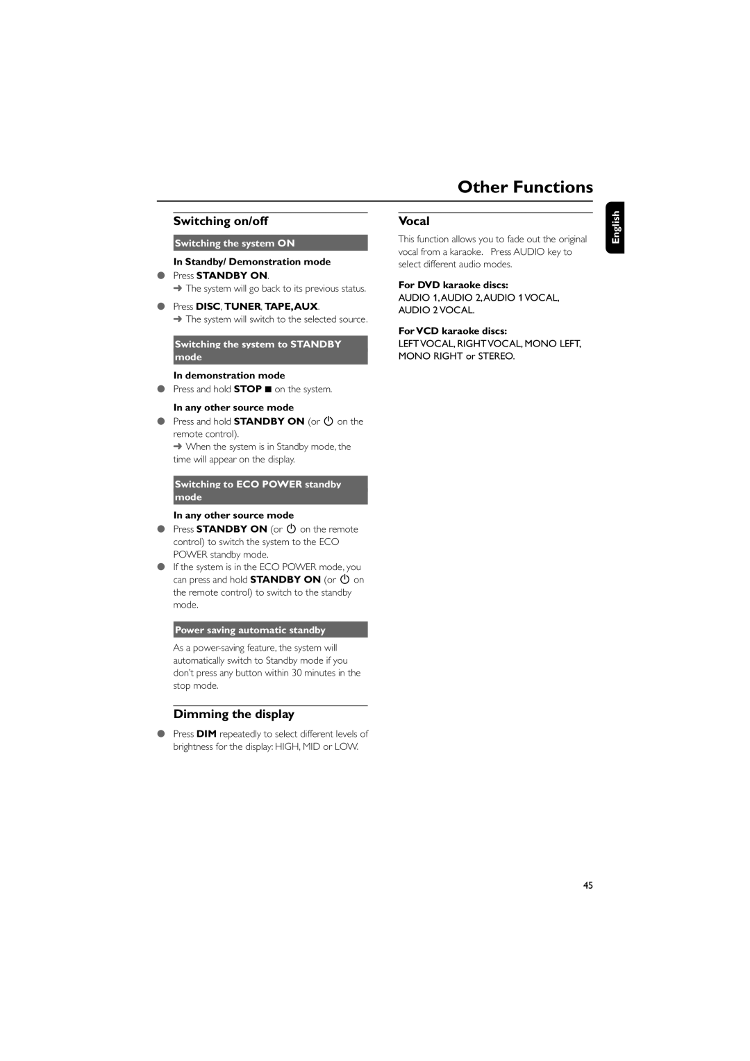 Philips FWD798/37B owner manual Other Functions, Switching on/off, Vocal, Dimming the display 