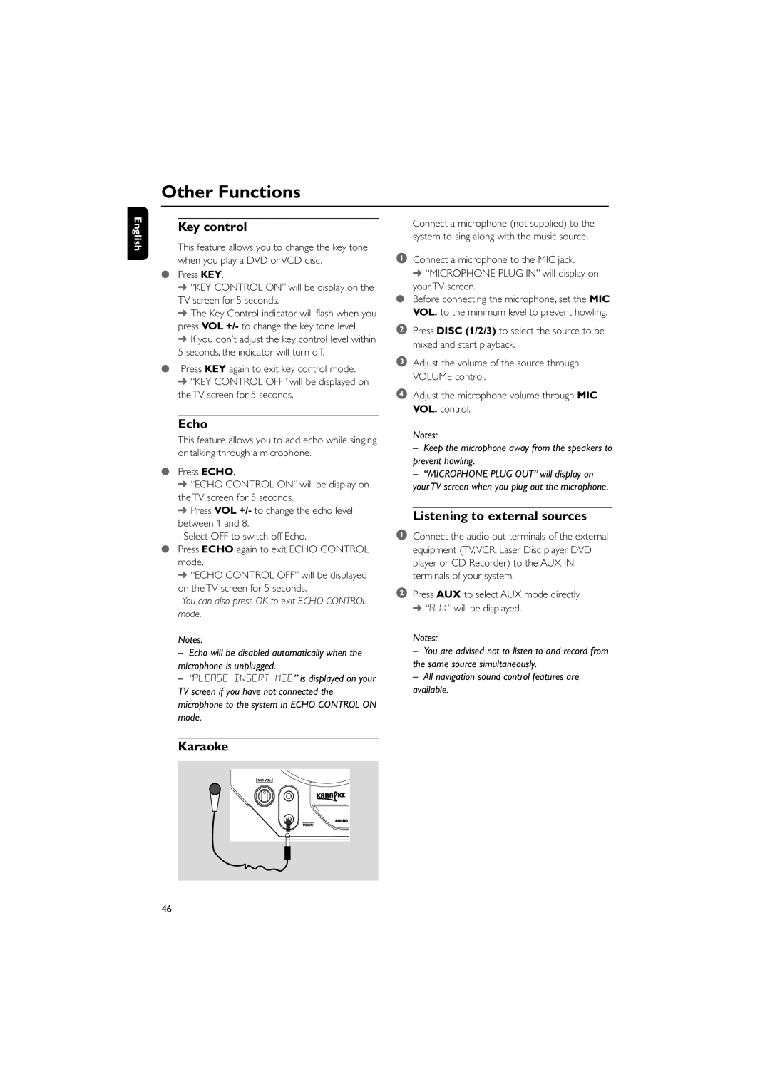 Philips FWD798/37B Key control, Echo, Listening to external sources, Karaoke, Press KEY again to exit key control mode 